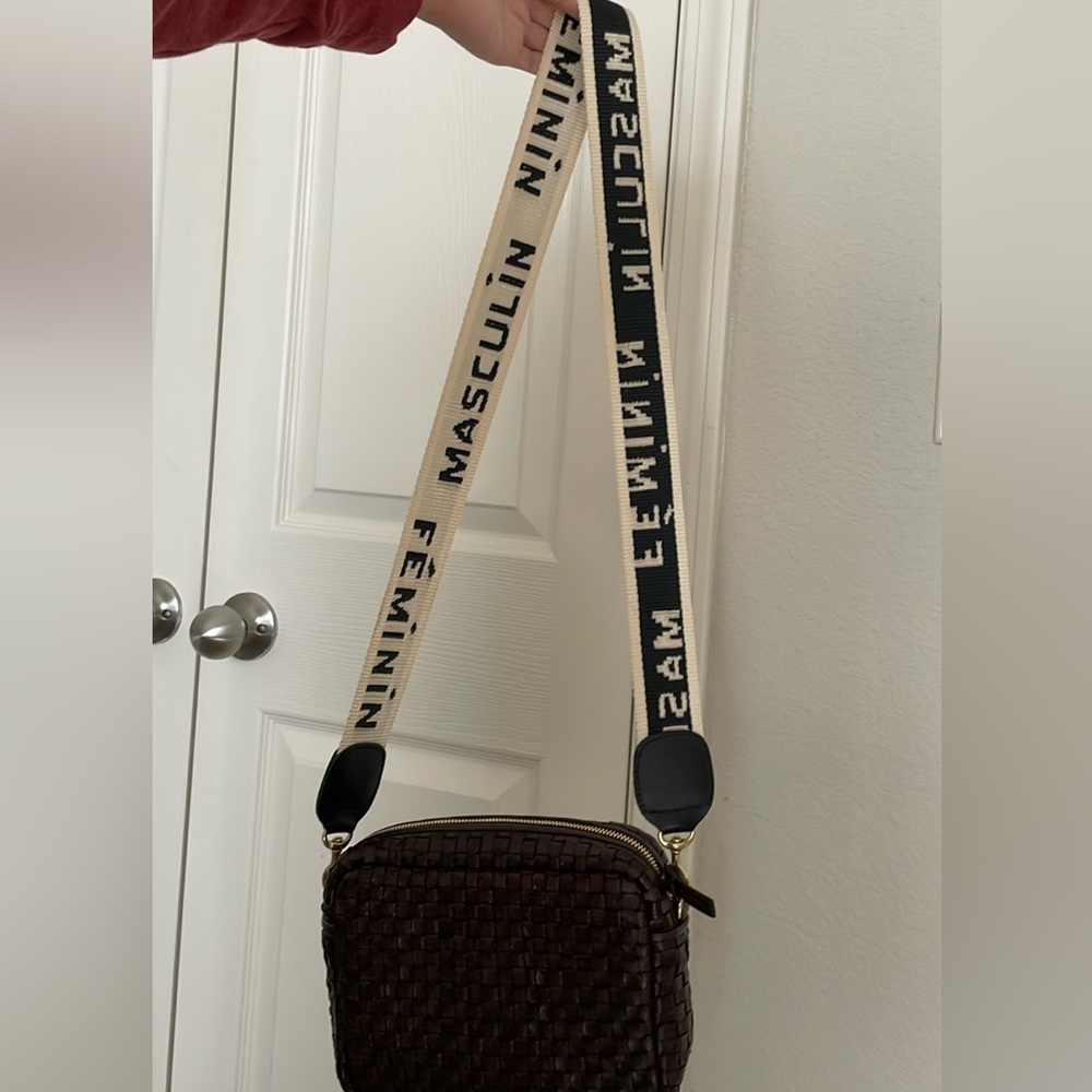 Clare V Black Leather Crossbody with Cream Branded Strap - Picture 4 of 4